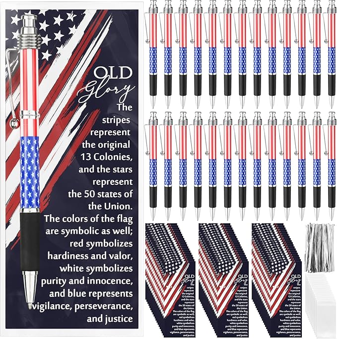 Motiskyy 50 Sets American Flag Ballpoint Pens Bulk USA Patriotic Themed Black Ink Retractable Pen Stars Stripes Bookmarks Stationery 250th Anniversary Souvenirs for Veterans Home Office Army