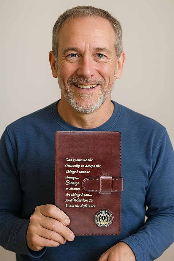 GALILEO® Double AA Big Book Cover & 12 Steps & 12 Traditions | AA Gift | Alcoholics Anonymous | PU Leather | Coin Holder | AA Book Covers for Hardcover (Serenity Prayer/Coin Pocket/Brown)