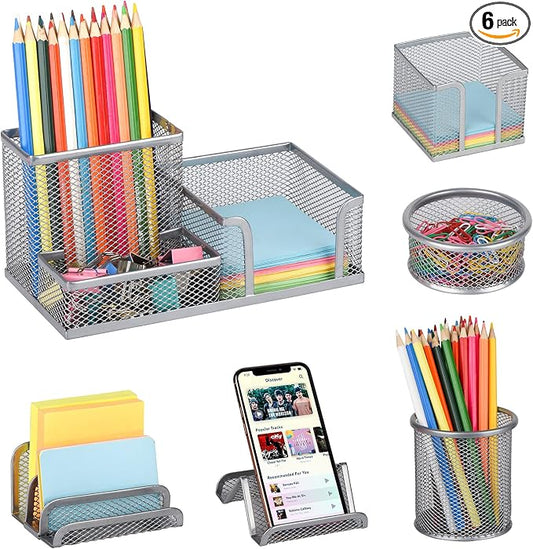 Pen Holder for Desk, 6 Pieces Mesh Desk Organizer set 3 Compartments pens holder, Mail Organizer Home Office Supplies Caddy Storage Baskets for Desktop Accessories(Sliver)