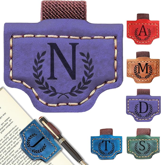 Personalized Leather Magnetic Bookmark with Pen Holder, Bookmark 26 Letters Name Initial Bookmarks for Readers, Book Lover Gifts for Women Men Notebook Accessories (Purple, N)