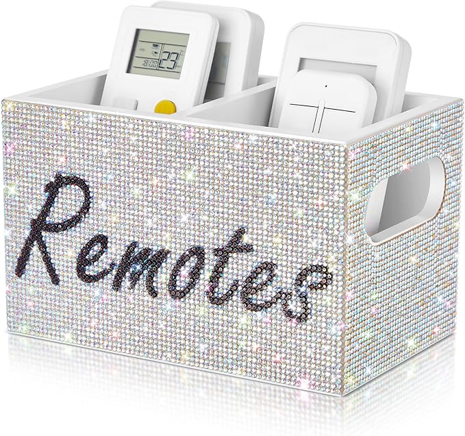 MotiMind Bling Rhinestone Remote Control Holder Crushed Diamond 2 Compartment Decorative TV Remote Caddy Organizer Storage Box Table Nightstand with and Label, Sparkly Gifts for Christmas(White)