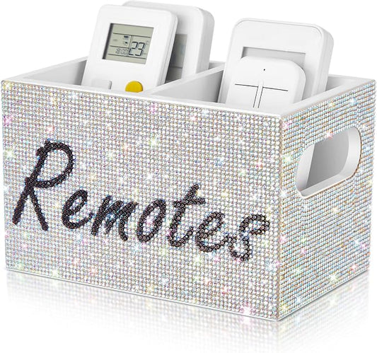 MotiMind Bling Rhinestone Remote Control Holder Crushed Diamond 2 Compartment Decorative TV Remote Caddy Organizer Storage Box Table Nightstand with and Label, Sparkly Gifts for Christmas(White)