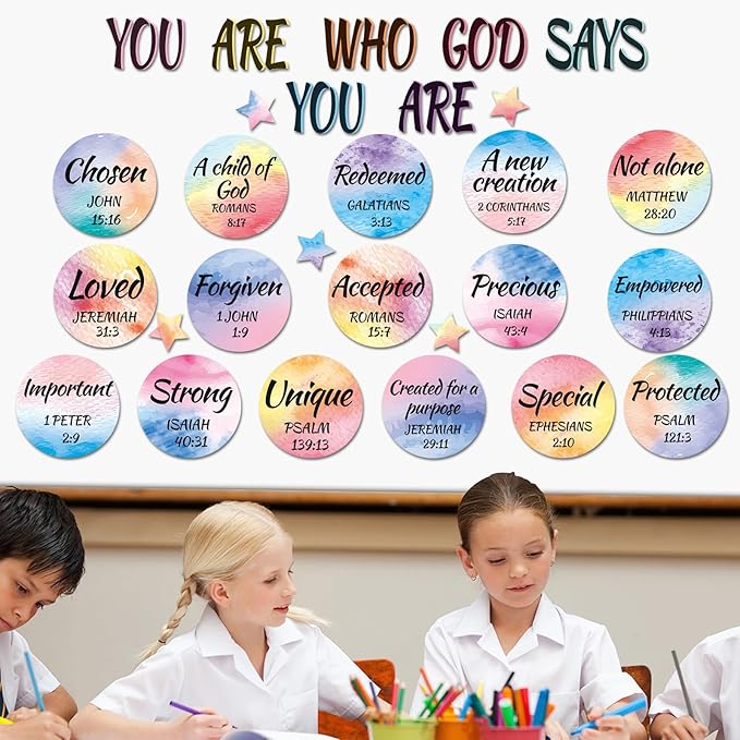 Qyeahkj Christian Bulletin Board Decoration God Says You Are Religious Classroom Wall Decor Watercolor Motivational Quote Cutout Inspirational Bulletin Board Set for Sunday School Home Church Supplies