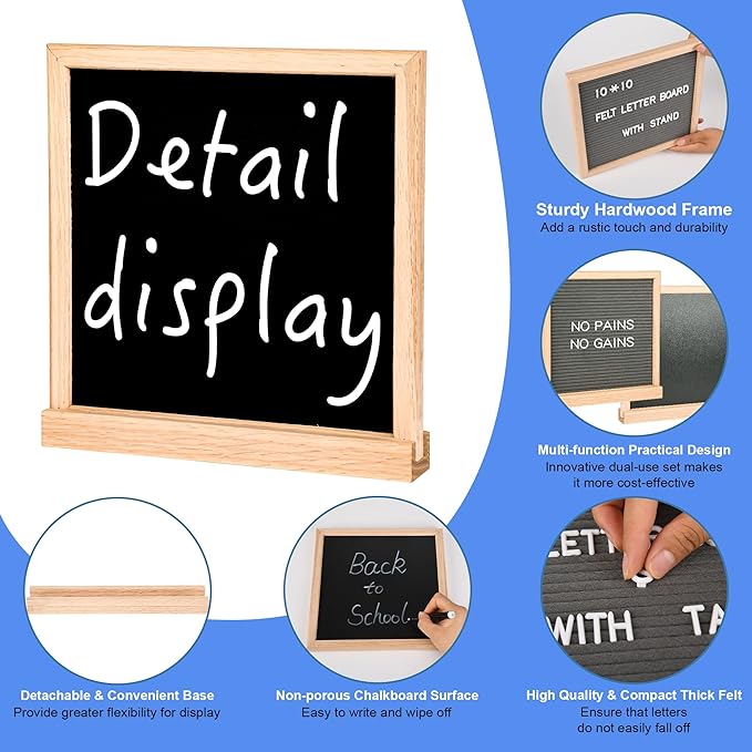 10" x 10" Double Sided Chalkboard Sign with Stand, Small Chalk Board Blackboard Wood Frame Felt Letter Board with 12 Chalk Markers and 340 Letters (Natural Wood)
