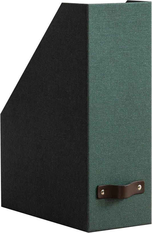 Bigso Estelle Fibreboard Magazine Holder with Leather Handle - Magazine File Holder and Organizer for Papers and Catalogs on Home or Office Desks - W4.4 x D9.8 X H12.7 (inches) - Dark Green