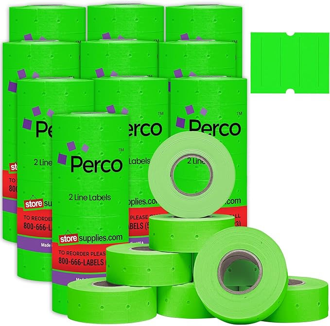 Perco 2 Line Fluorescent Green Labels - 80 Rolls, 10 Sleeves, 80,000 Blank Price and Date Gun Labels for Perco 2 Line Price and Date Guns - Made in USA