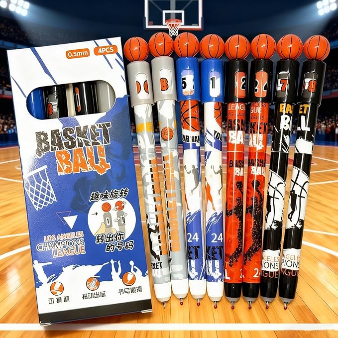 Pack 8 Funny Spin Basketball Rollerball Pens, Erasable Gel Pen Blue Ink 0.5mm, Rotatable Sports Pen, Slam Dunk Design for Boys School Office, Basketball Fans, Clubs,