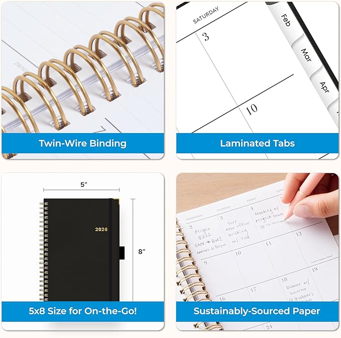Blue Sky 2026 Weekly and Monthly Planner Calendar, January 2026 - December 2026, 5" x 8", Faux Leather Cover, Durable Twin Wire Binding, Storage Pocket, Laminated Tabs, Includes Pen Loop, Bungee, Ruler, Black