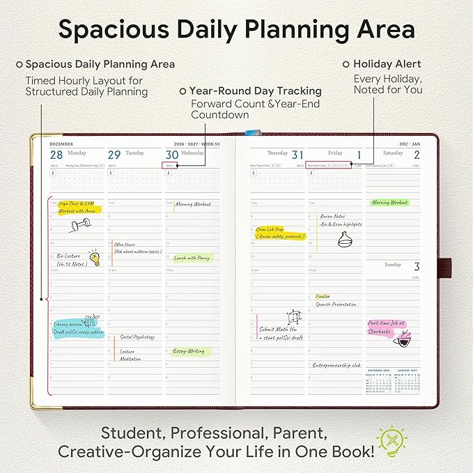 Planner 2026-2027 Weekly & Monthly Planner with Hourly Time Slots, 18 Month Academic Calendar July 2026 – Dec 2027, Vertical Layout, Monthly Tabs, Hardcover Business Agenda, Burgundy