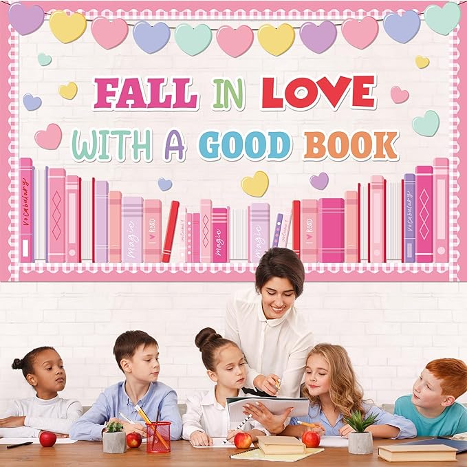Valentine's Day Reading Bulletin Board Set Candy Heart Classroom Decorations Fall in Love with A Good Book Paper Cutouts for Valentines School Party Nursery Chalkboard Home Office Wall Door Decor