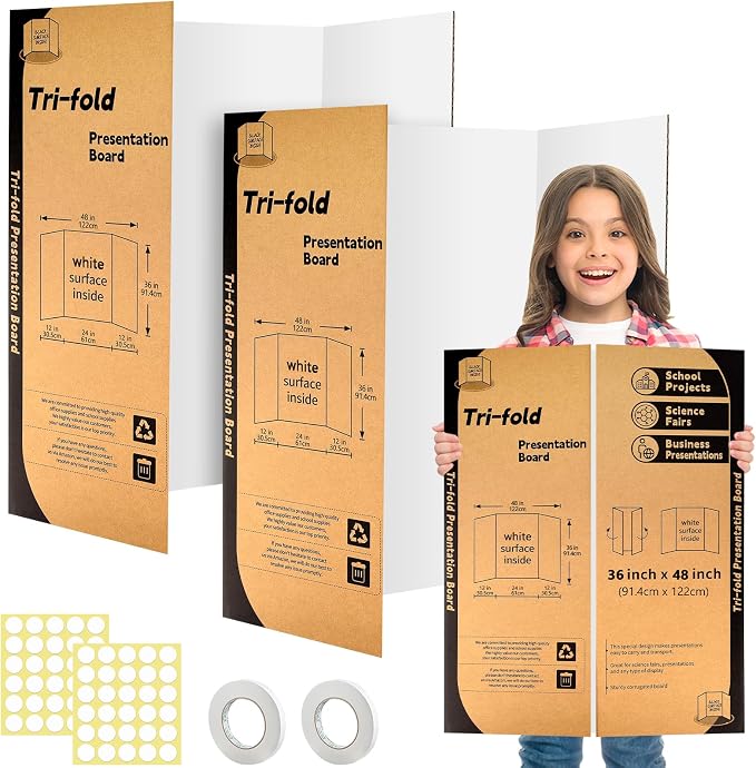 2 Pack Trifold Poster Board 48" X 36", IKAYAS Single Sided White Poster Boards, Science Fair Display Boards Posterboard for Mounting, Prints, Art, Display,Projects Classroom Supplies