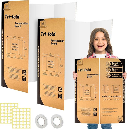 2 Pack Trifold Poster Board 48" X 36", IKAYAS Single Sided White Poster Boards, Science Fair Display Boards Posterboard for Mounting, Prints, Art, Display,Projects Classroom Supplies