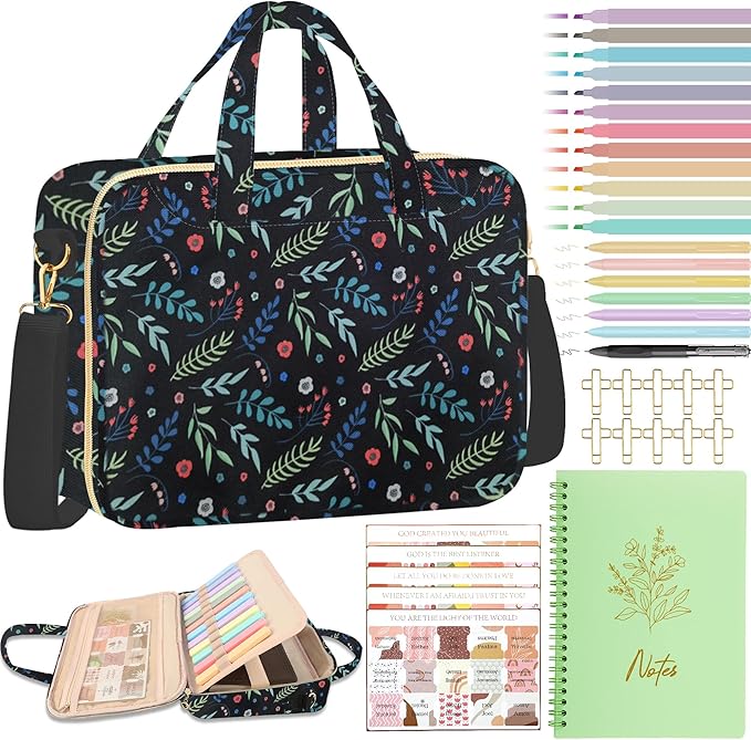 PUGPIU Bible Cover Case for Women, Large Quilted Bible Bag with Shoulder Strap and Handle, Bible Study Supplies Journaling Kit with Highlighters Pens No Bleed Tabs Notebook Cross Clips (Leaf)