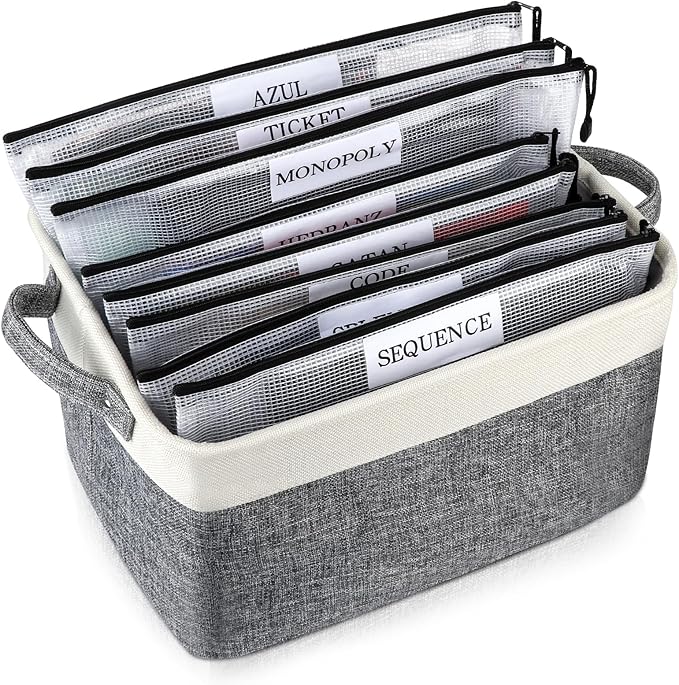 Board Game Storage Kit Include Storage Basket and 10pcs Zipper Bags, Board Game Organizer with Writable Stickers and Dispensing, Suitable for Puzzle Storage, Toys, Document (1 Pack-Grey)