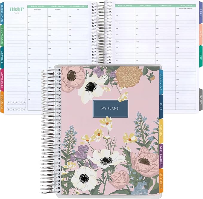 7x9 Coiled Life Planner (January 2026 - December 2026) - Bouquet classic cover, hourly layout, Hexagon theme, platinum coil