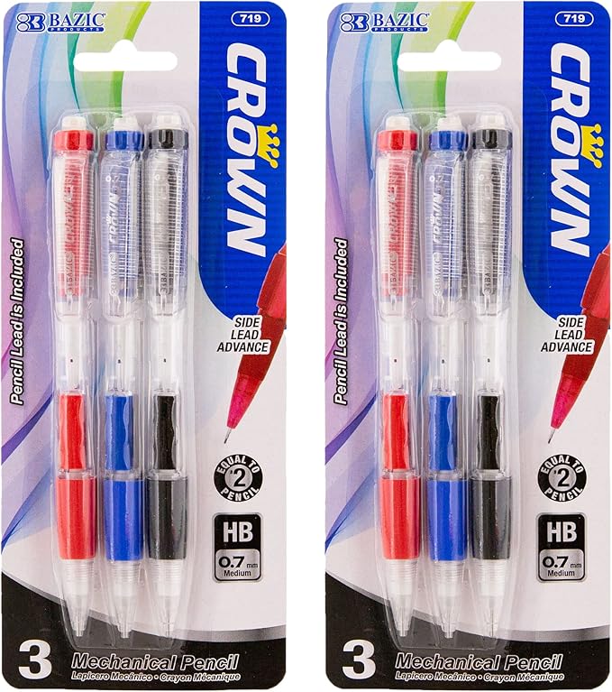 BAZIC PRODUCTS Crown 0.7 mm Mechanical Pencil, Soft Grip Smooth Writing Pencils Lead, Latex Free Eraser (3/Pack), 2-Packs
