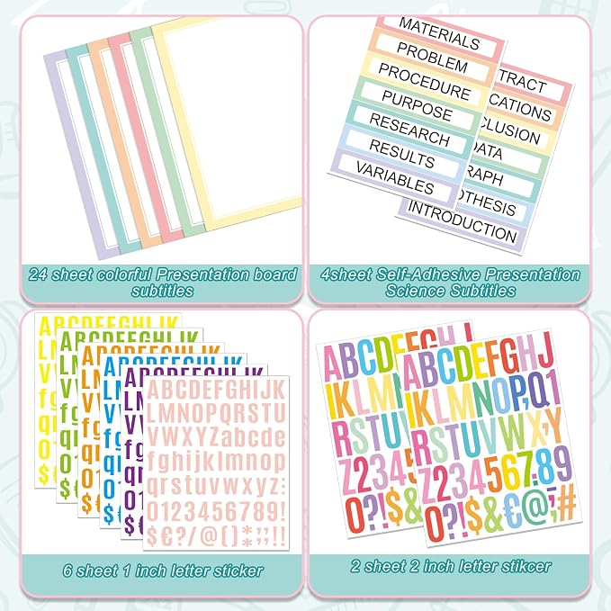 PerKoop 36 Sheets Science Fair Board Poster Boards Supplies 24 Self Adhesive Presentation Subtitles 4 Science Fair Project Titles 8 Personalized Letter Sticker for Classroom(Fresh Color)