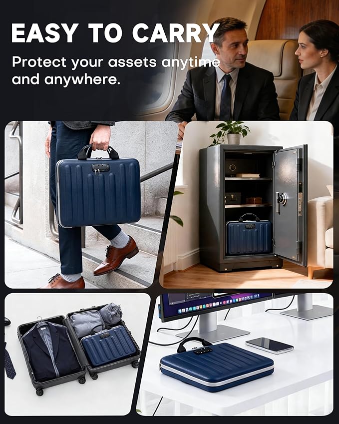 DOZAWA Fireproof Document Box, Hard Case Document Organizer with Lock, 13 Pockets Accordion File Folder with Reflective Strip, Waterproof Safe Box for Important Documents & Valuables Storage, Deepblue