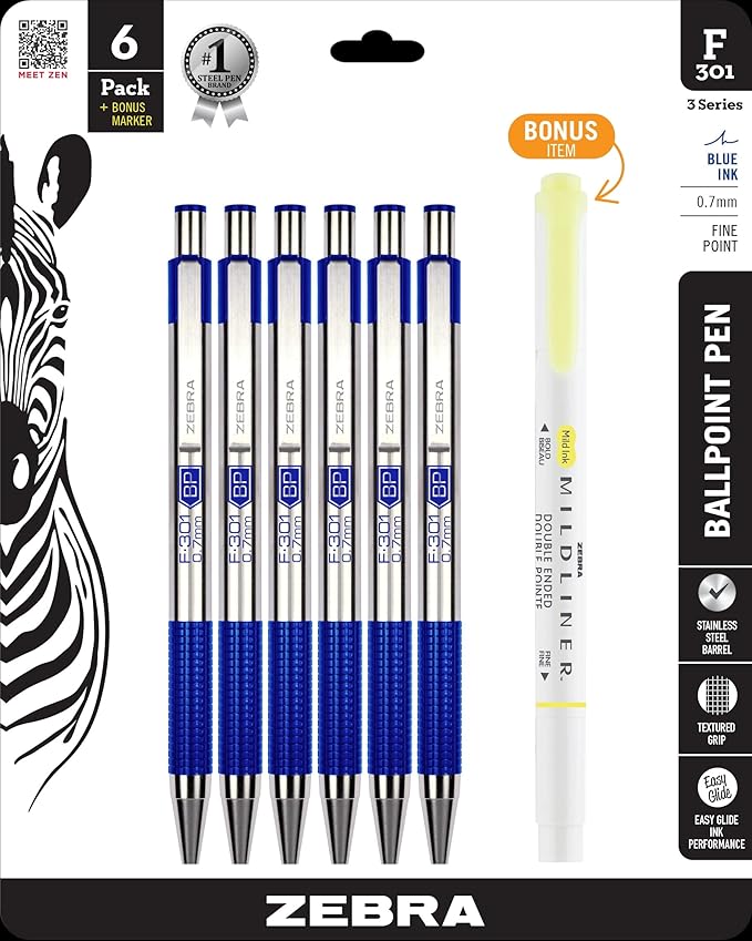 Zebra Pen F-301 Ballpoint Blue Ink Fine Point 0.7mm Stainless Steel Retractable Pen, 6-Pack + Bonus Mildliner Highlighter – Easy-Glide Ink, Non-Slip Grip, Professional Design, Ideal for Office (27193)