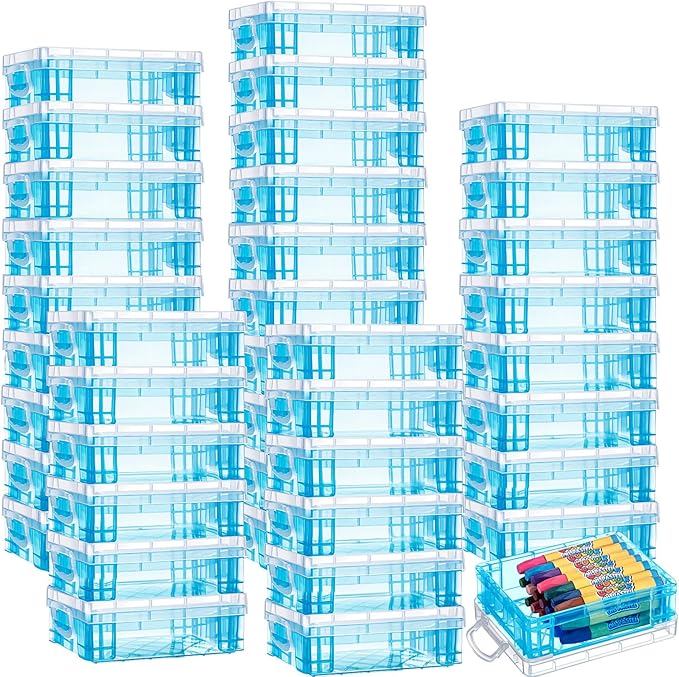 Suzile 40 Pcs Plastic Crayon Boxes Holds 24 Crayon with Snap Lid Storage Container Clear Stackable Case for School Office Classroom Supplies Pen Pencil Craft(Blue)