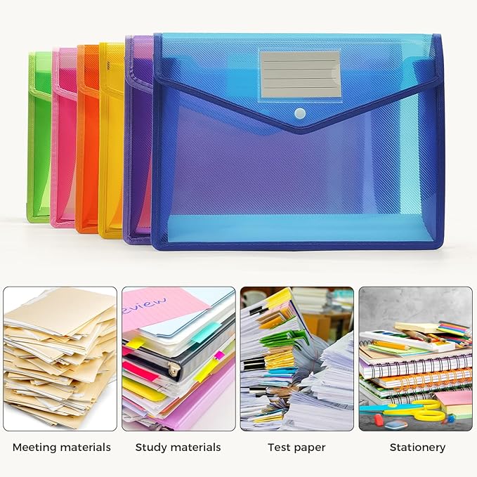 Plastic Expanding File Folder, Envelope Folders for Documents, Waterproof Transparent Expandable File Folder, Large Capacity, Fit Letter/A4 Size (Multicolor-6 Pack)