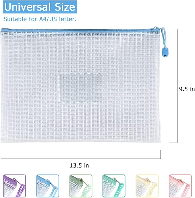 Tamaki 6 Pack Mesh Zipper Pouch with Label Pocket, Waterproof Zipper Bags, Document Bag Letter/A4, Durable Pouches for Organization Bag Board Game Storage