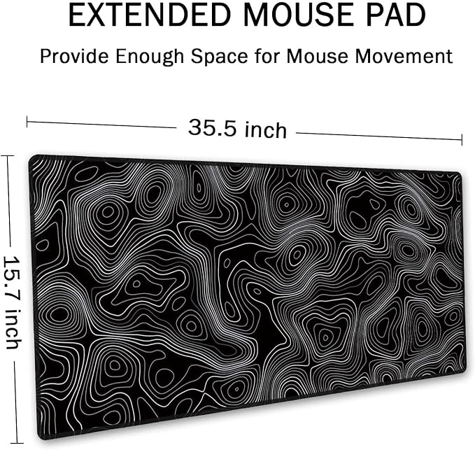 SSOIU Black Topographic Extended Gaming Mouse Pad XXL ArtSo Large Keyboard Mat Long Mousepad Desk Decor Writing Pad Non Slip Rubber Base Stitched Edges for Work, Game, Office, Home, 35.5" x 15.7"