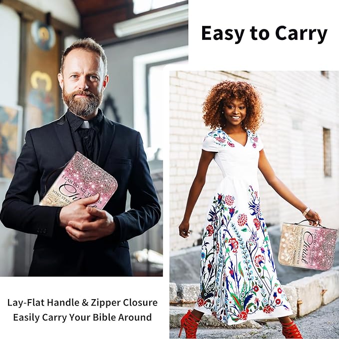 Bible Cover Case for Women Men,Large Leather Bible Case Fit Book Up to 11x8x2 Inch,I can do All Things Through Christ Bible Covers Bible Study Carrier Church Bags w/Handle Zipper