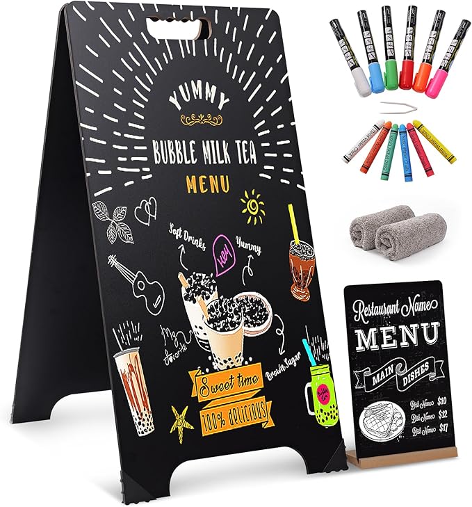 A-Frame Chalkboard Sign 16x32 Double-Sided Sandwich Board with 8x12 Bonus Small Chalkboard, 6 Liquid & Solid Chalk Markers, Folding Outdoor Sign for Business, Restaurants, Weddings & Events
