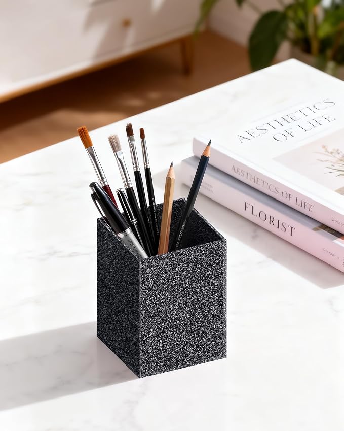 Black Glitter Acrylic Pen Holder, Acrylic Makeup Brush Storage Organizer, Pencil Pen Holder for Desk, Modern Desktop Accessories for Office School Home Supplies