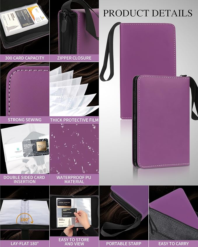 Leather Business Card Book Holder Organizer, Professional Name Card Book Holder with 300 Card Capacity, Portable PU Credit Card Wallet File Sleeve Storage for Men Women,50 Pack Sleeves (Dark Purple)