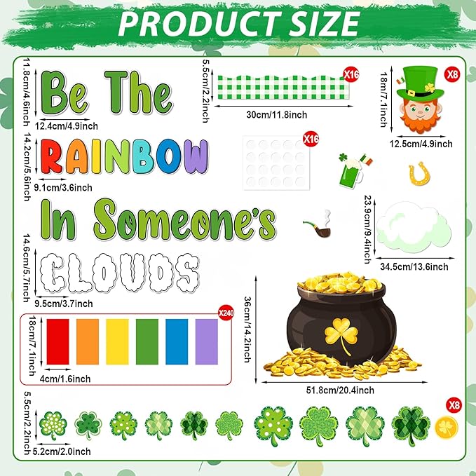 St. Patrick's Day Bulletin Board Set 3D Rainbow Gold Coin Classroom Decoration Leprechaun Bulletin Board Clover DIY Craft Photos Cutouts for Irish Holiday Home Classroom Nursery Chalkboard Wall Decor