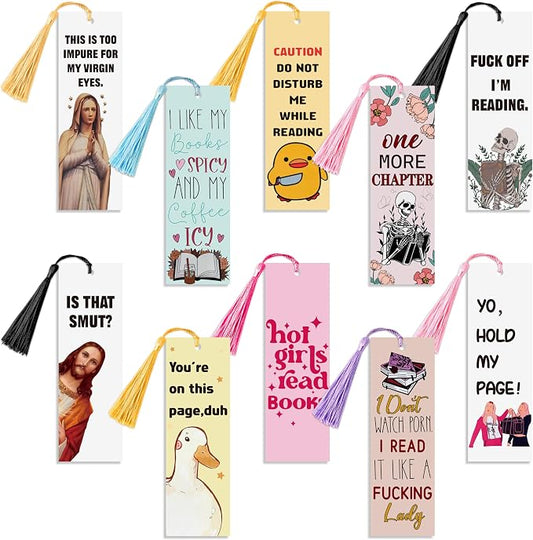 10Pcs Funny Bookmarks with Tassel for Reading Reader Gift, Cute Funny Book Marks for Women Men Christian Paper Bookmark Page Makers for Students Teachers Christmas Bookish Gifts for Book Lovers