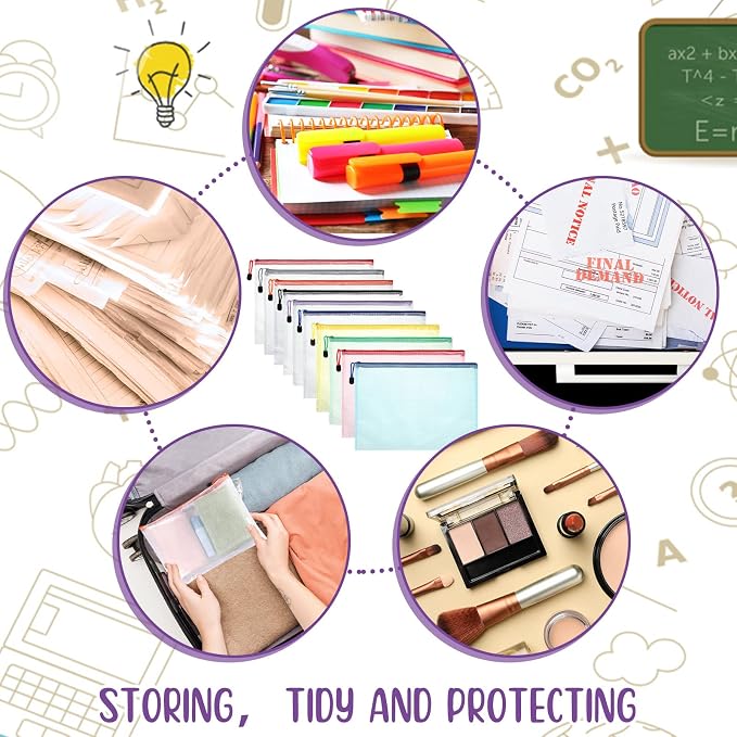 Zhehao 100 Pcs A4 Mesh Zipper Pouch Bag Bulk Mesh Pouch with Zipper Waterproof Clear Storage Bag for School Office Supplies Cosmetics Travel(A4(13.19 x 9.45 in),Vivid Color)