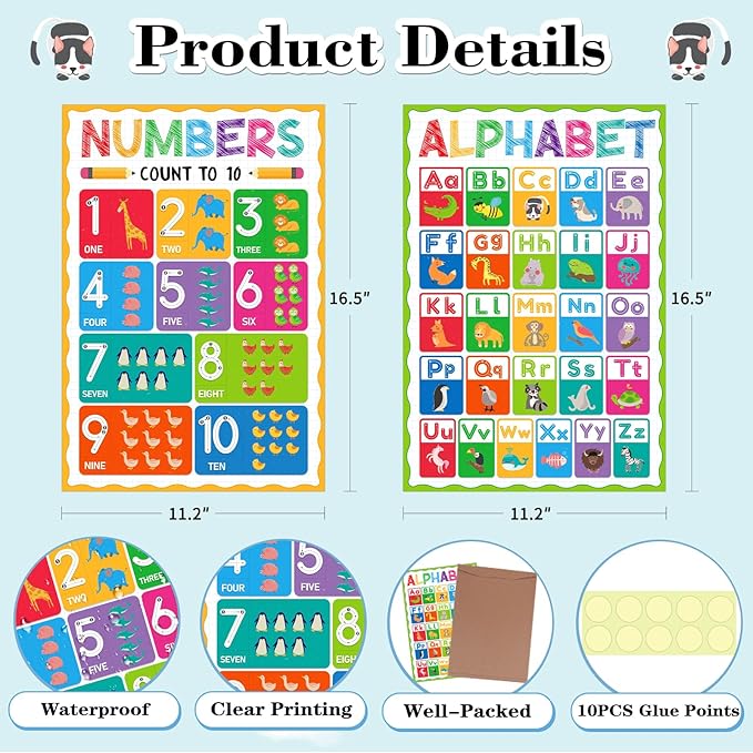 D4DREAM Preschool Poster for Toddlers Kids Laminated Alphabet Poster for Classroom Decorations Number 1-10 Posters 2Pcs Toddler Learning Posters for Pre-k Kindergarten Preschool Homeschool Daycare