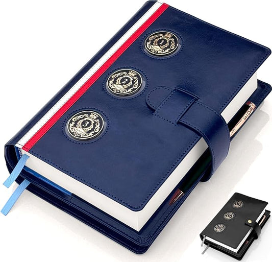GALILEO® 3-Coin Pocket Double AA Book Cover | Showcase Your Journey | 12 Steps & 12 Traditions | PU Leather Coin Holder | AA Gift | Alcoholics Anonymous (Navy Blue/Stripe/ 3 Medallion Pockets)