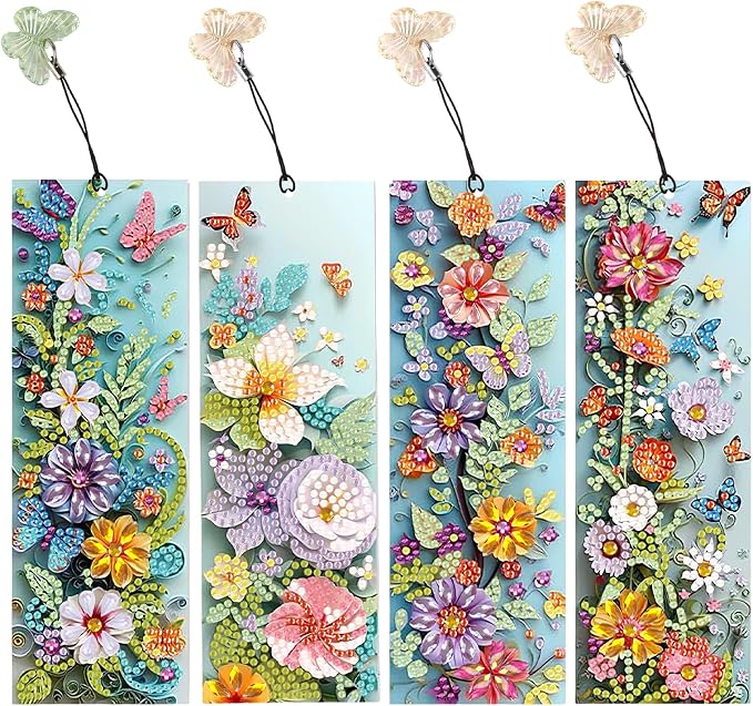 4 Pcs 5D Flowers and Butterfly Diamond Art Bookmarks,DIY Diamond Painting Book Marks with Rhinestone Tassel for Graduation Birthday Reader Gifts