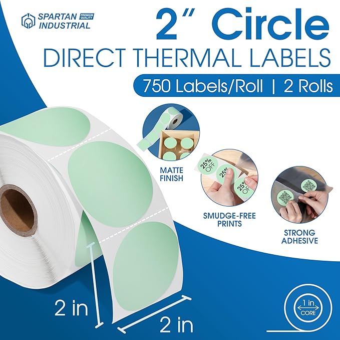 Spartan Industrial - 2" Circle Green Direct Thermal Labels (1500 Count, 2 Rolls) - 2 Inch Color Thermal Labels for Logos, Packaging, Branding - Compatible with Zebra and Rollo Printers