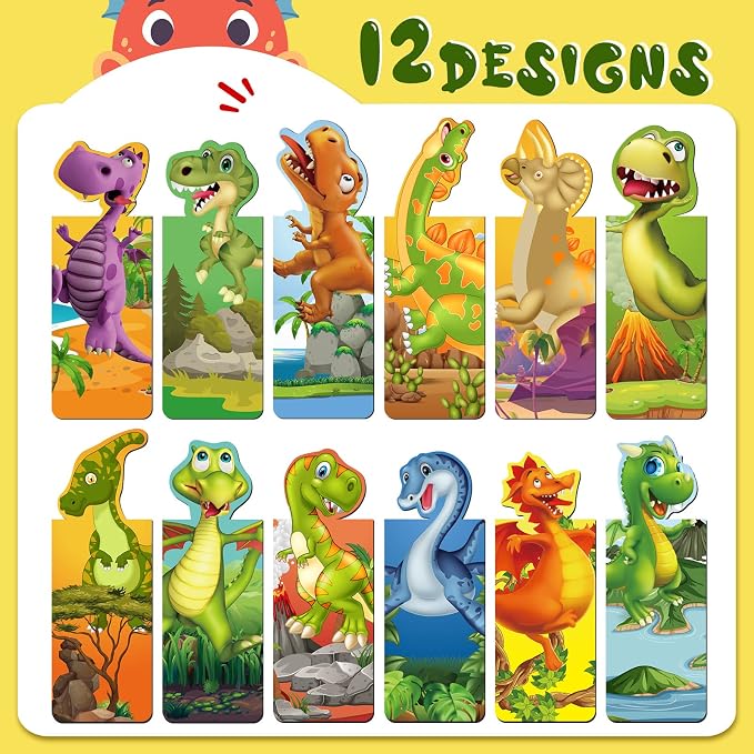 Sepamoon 12 Pcs Dinosaur Magnetic Bookmarks, Cute Page Markers for Classroom Rewards, Teacher Prize Supplies, Reading Incentives, Party Favors, Book Lovers Gifts Bulk