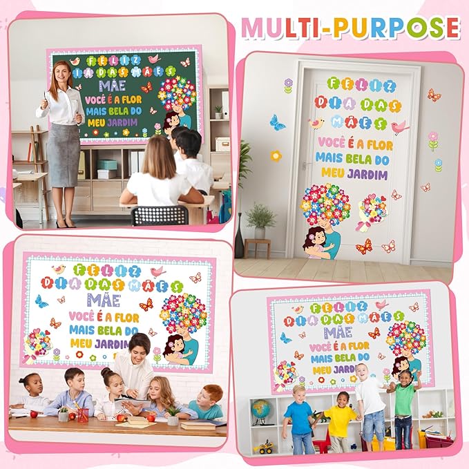 Mother's Day Bulletin Board Set Portuguese Happy Mother's Day Classroom Decoration Feliz Dia DAS MAES Flower Cutouts for Mom Floral Birthday Party School Classroom Home Window Supplies