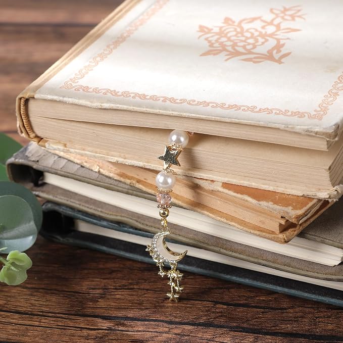 Moon Star Beaded Bookmark - Fantasy Crystal Bead Gold Chain Fantasy Bookmark, Reading Book Accessories for Men Women, Bookish Gift for Book Lovers, Students and Teachers