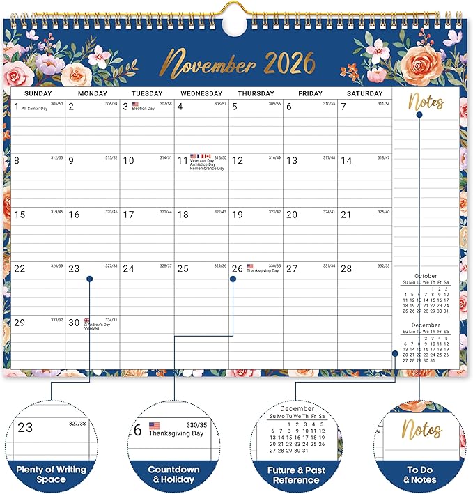 Calendar 2026-2027, Monthly Wall Calendar from April 2026 to December 2027, 11.5" x 14.7", Spiral Binding Hanging Wall Calendar, Perfect for Home or Office,Floral