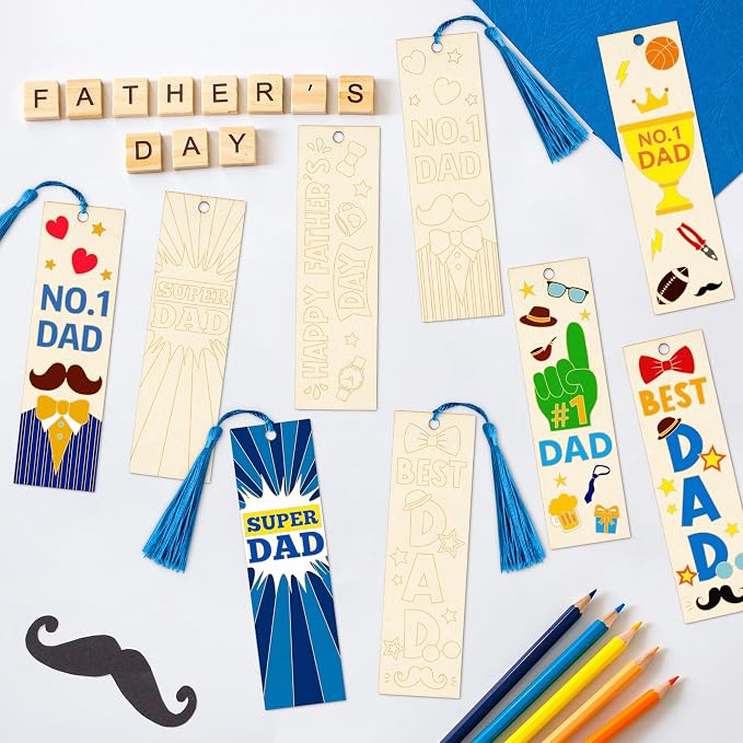Color Your Own Father's Day Bookmarks for Kids- 36Pcs Bulk Happy Father's Day Wooden Blank Bookmarks with Tassels DIY Father's Day Art Craft Gifts from Kids for Holiday Party Goodie Fillers