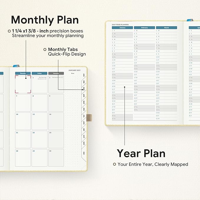 Planner 2026-2027 Weekly & Monthly Planner with Hourly Time Slots, 18 Month Academic Calendar July 2026 – Dec 2027, Vertical Layout, Monthly Tabs, Textured Fabric Hardcover, Yellow