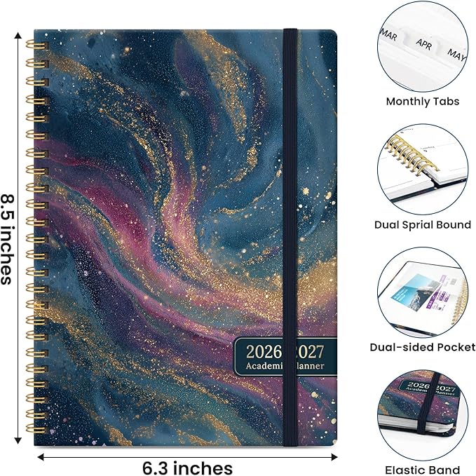 2026–2027 Academic Planner, Weekly and Monthly Planner for Women, July 2026 - June 2027, Pretty Hardcover 2026–2027 Academic Planner with Tabs, Inner Pocket, Spiral Bound, Perfect Office Home School Supplies - 6.3" x 8.5", Cosmic Swirl