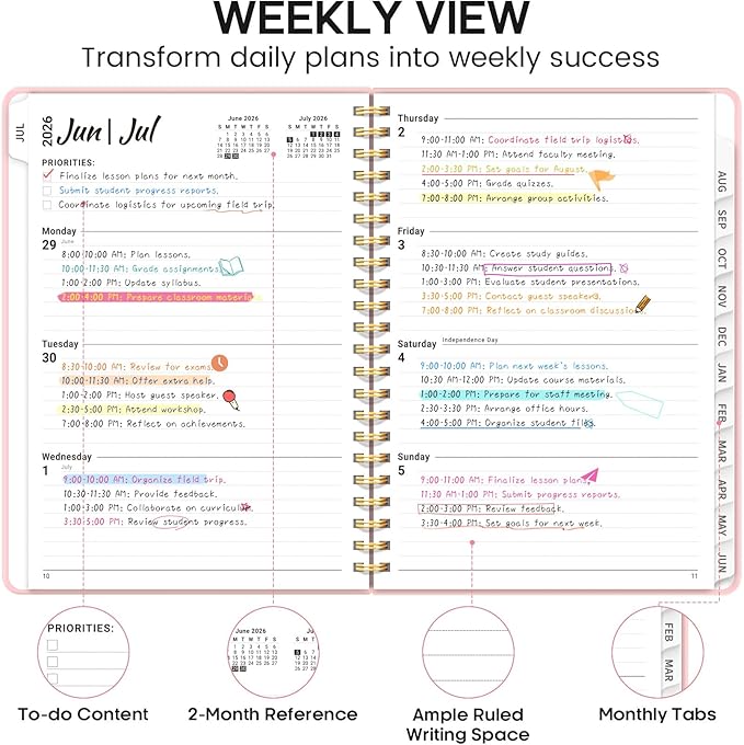 Academic Planner 2026-2027, Weekly and Monthly Calendar Planner Book, July 2026 – June 2027, Hardcover Organizer with Tabs, Perfect for Teachers, Students, Women & Men, A5 (6.4" x 8.5") - Pink