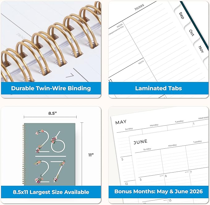 Blue Sky 2026-2027 Weekly and Monthly Academic Year Planner Calendar, July 2026 - June 2027, 8.5" x 11", Flexible Cover, Wirebound, Storage Pocket, Laminated Tabs, Greta