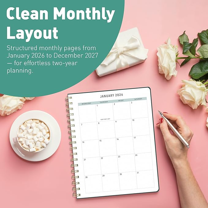 Sweetzer & Orange 2026-2027 Monthly Planner Notebook – 7.5" x 9.5" Two-Year Calendar Planner – January 2026 to December 2027 – Clean Monthly Layout, Sturdy 120gsm Paper, Gold Spiral Binding