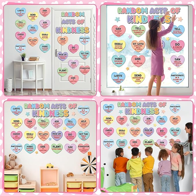 Random Acts of Heart Kindness Bulletin Board Set Colorful Motivational Classroom Decoration Sweet Candy Heart Kind Challenge Cutouts for Back to School Office Home Chalkboard Decor Wall Door