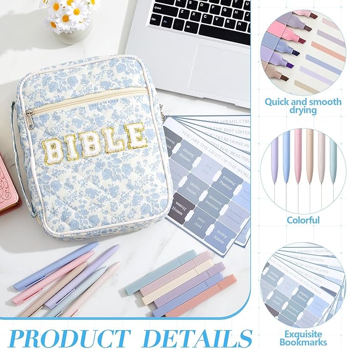 Sinload Quilted Bible Cover Case for Women Large Carrying Bag with Organizer Tabs 6 Colored Pens 6 Highlighters Book Tote Bags with Handle Bible Carry Supplies Christian Gifts(Blue Floral)